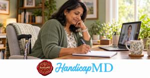 AI-generated image of a woman preparing questions during a home video consultation; HandicapMD No primary care placard guide with logo and red Disability Placards seal.