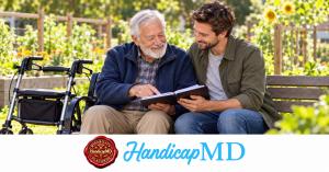 AI-generated image of an older man reviewing notes with his grandson in a garden; HandicapMD No primary care placard guide with logo and red Disability Placards seal.