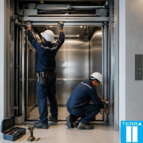 Technicians working inside a lift shaft during installation