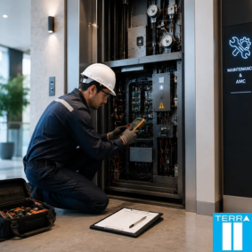 Technician carrying out maintenance inside a lift with gold-toned doors
