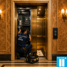 Technician inspecting a lift entrance and reviewing service documentation