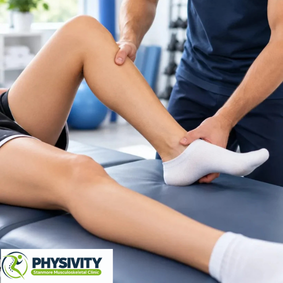 Physiotherapist treating a patient's leg during a session