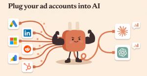 Illustration of the AdPlug mascot, a muscular orange plug, connecting the Google Ads, LinkedIn Ads, Microsoft Ads, Reddit Ads, Google Search Console and HubSpot logos to Claude and ChatGPT, under the headline Plug your ad accounts into AI.