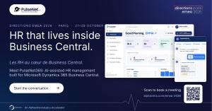 PulseNet365 HR dashboard and PulseAI expense assistant inside Microsoft Dynamics 365 Business Central, Directions EMEA 2026 Paris banner