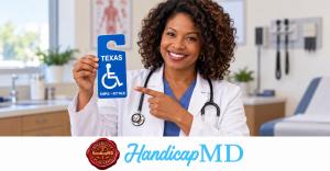AI-generated doctor holding a Texas sample disability parking placard; HandicapMD costs guide branding and red seal.
