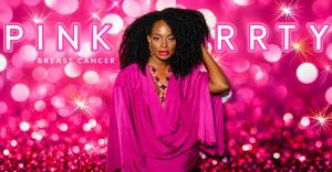 Actress Nimi Adokiye poses at the Pink Party breast cancer awareness event, wearing a vibrant fuchsia pink dress with statement pink gemstone jewelry. Her voluminous natural curls complement the glamorous look against a sparkling pink event backdrop.