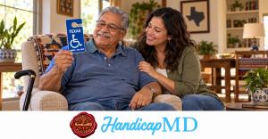 AI-generated smiling man holding a Texas sample handicap placard; HandicapMD medical evaluation cost guide branding.