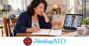 AI-generated woman discussing medical evaluation and agency fees by telehealth; HandicapMD logo and red Disability Placards seal.
