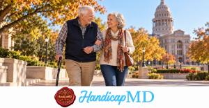 AI-generated older couple walking with a cane near the Texas Capitol; HandicapMD disability parking costs guide branding.