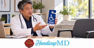 AI-generated doctor explaining an Ohio sample parking placard; HandicapMD multiple sclerosis medical certification guide branding.
