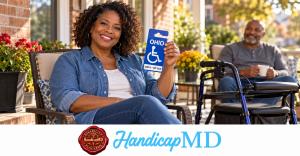 AI-generated woman holding an Ohio sample handicap placard beside a rollator; HandicapMD multiple sclerosis evaluation guide branding.