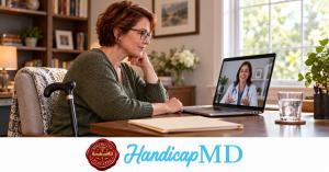 AI-generated woman attending a telehealth visit; HandicapMD multiple sclerosis disability parking evaluation guide with logo and red seal.