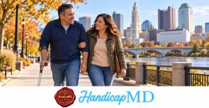 AI-generated man walking with a forearm crutch in Columbus; HandicapMD multiple sclerosis placard eligibility guide branding.