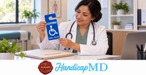 AI-generated doctor holding a California sample parking placard; HandicapMD medical documentation branding, separate from IBCCES registration.
