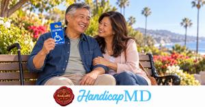 AI-generated smiling man with a California sample parking placard; HandicapMD branding, illustrating a separate parking credential.