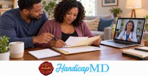 AI-generated adults preparing records for a doctor statement telehealth evaluation; HandicapMD IBCCES documentation guide branding.