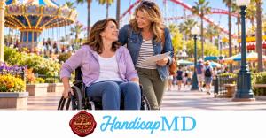 AI-generated wheelchair user and companion at an amusement park; HandicapMD IBCCES accessibility planning guide with logo and red seal.