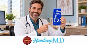 AI-generated doctor holding a Florida sample parking placard; HandicapMD branding, separate from Universal AAP decisions.