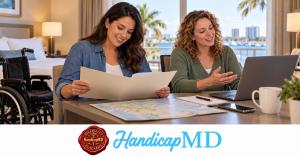 AI-generated adults organizing a telehealth documentation conversation before a park trip; HandicapMD Universal AAP guide branding.