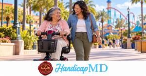 AI-generated scooter user and companion on an amusement promenade; HandicapMD Universal attraction access planning guide branding.