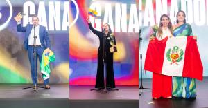 Three-panel collage of Premios Verdes 2026 winners holding trophies and the flags of Brazil, Ecuador and Peru.