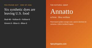 Graphic listing Red 40, Yellow 5, Yellow 6, Green 3, Blue 1 and Blue 2 being phased out, with organic annatto as the natural alternative