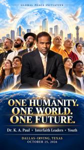 Dr. K. A. Paul at the center of a global peace initiative poster, surrounded by diverse interfaith leaders and young people, with the Dallas skyline, globe, and doves symbolizing unity, peace, and hope.