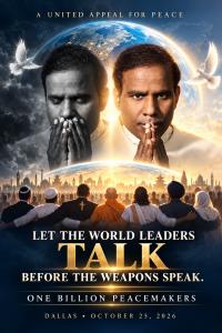Dr. K. A. Paul praying for global peace, with diverse faith communities united around a glowing Earth, symbolizing one billion peacemakers and a worldwide call to end war and choose peace.