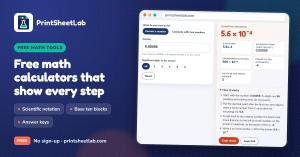 PrintSheetLab scientific notation calculator showing 0.00056 converted to 5.6 x 10^-4 with steps