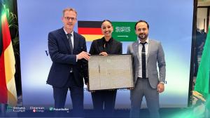 Dr. Frank Dimroth and Dr. Juan Martinez representing Clearsun Energy, with Ayah Satti representing ENERABIA, at the signing of a memorandum of understanding at the Saudi-German Construction Forum in Berlin on 14 October 2026.