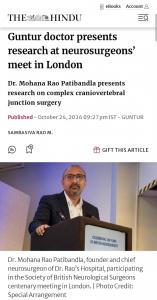 The Hindu article featuring Dr. Mohana Rao Patibandla presenting research on complex craniovertebral junction surgery at the SBNS centenary meeting in London in October 2026.