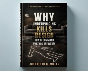 Hardcover of Why Underpricing Kills Design: How to Command What You Are Worth by Johnathan H. Miller, showing a dark living room with a chalk body outline on the floor