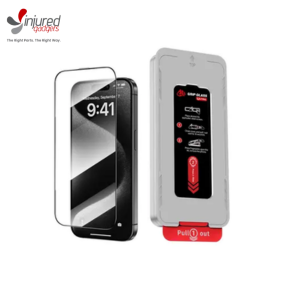 Tempered glass screen protector packaging displayed alongside a smartphone screen protector