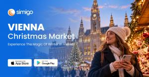 A traveler using a smartphone at Vienna’s Christmas market, with festive stalls and Vienna City Hall illuminated in the background, alongside Simigo branding.