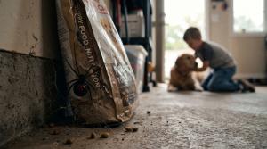 Black Widow Spider hiding behind dog food bag