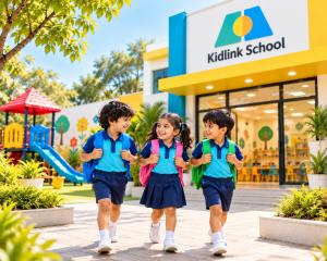 Children walking outside Kidlink School