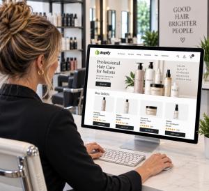 Salon professional using a Shopify store to browse hair care products for Spectra integration with e-commerce fulfillment systems.