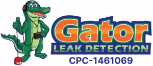 Gator Leak Detection logo with green alligator mascot, orange and green lettering,