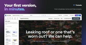 The TruLata site builder editing a roofing company website, with a block library on the left