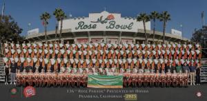 Photo of a large high school marching band called Seminole Warhawk Band.