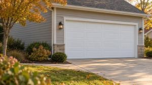 Illustrative white raised-panel garage door on a home in autumn.
