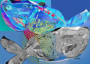 Chalda Maloff’s Seeking Clarity depicts two overlapping, stylized fish in electric blue, turquoise, and metallic gray, surrounded by bright yellow dots and flowing abstract forms. This description conveys the principal subjects, vivid palette, and layere