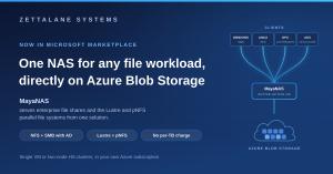 ZettaLane Systems MayaNAS banner: one NAS for any file workload directly on Azure Blob Storage, serving Windows,Linux, GPU and AKS clients over SMB, NFS, Lustre and pNFS