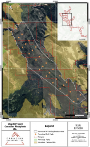Figure 1: Map showing CP8’s Multi-Year Area-Based Permit and planned drill holes for Wapiti.