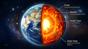 Cutaway illustration of Earth showing the crust, mantle, liquid outer core, and solid inner core composed primarily of iron and nickel.