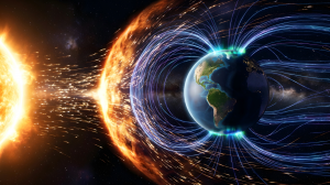 Illustration of Earth’s magnetic field deflecting charged particles from the solar wind, helping protect the planet from solar radiation.