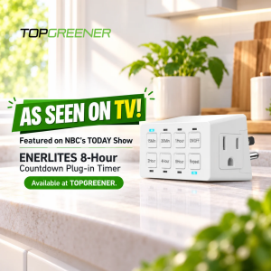 ENERLITES HET03-W 8-Hour Preset Countdown Plug-In Timer displayed on a kitchen countertop with text highlighting its feature on NBC's TODAY.