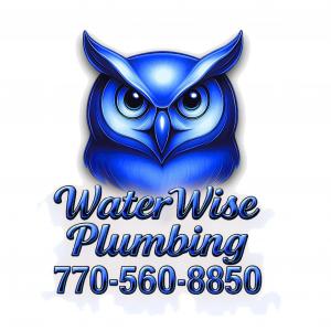 WaterWise Plumbing blue owl logo with phone number
