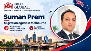 Suman Prem, Registered Migration Agent (MARN 2418548) at GIECGLOBAL Melbourne, Australia, with the Melbourne skyline and Australian flag, representing professional Australian skilled migration and permanent residency visa services.