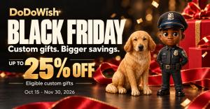 DoDoWish Black Friday banner showing a golden retriever figurine and a custom portrait figurine.
